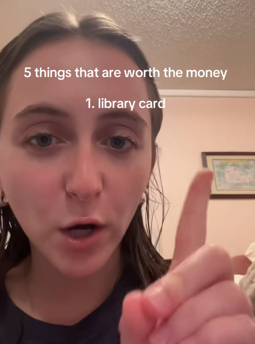 A screenshot of a video of a woman talking about things that are worth spending money on (but it's something free).